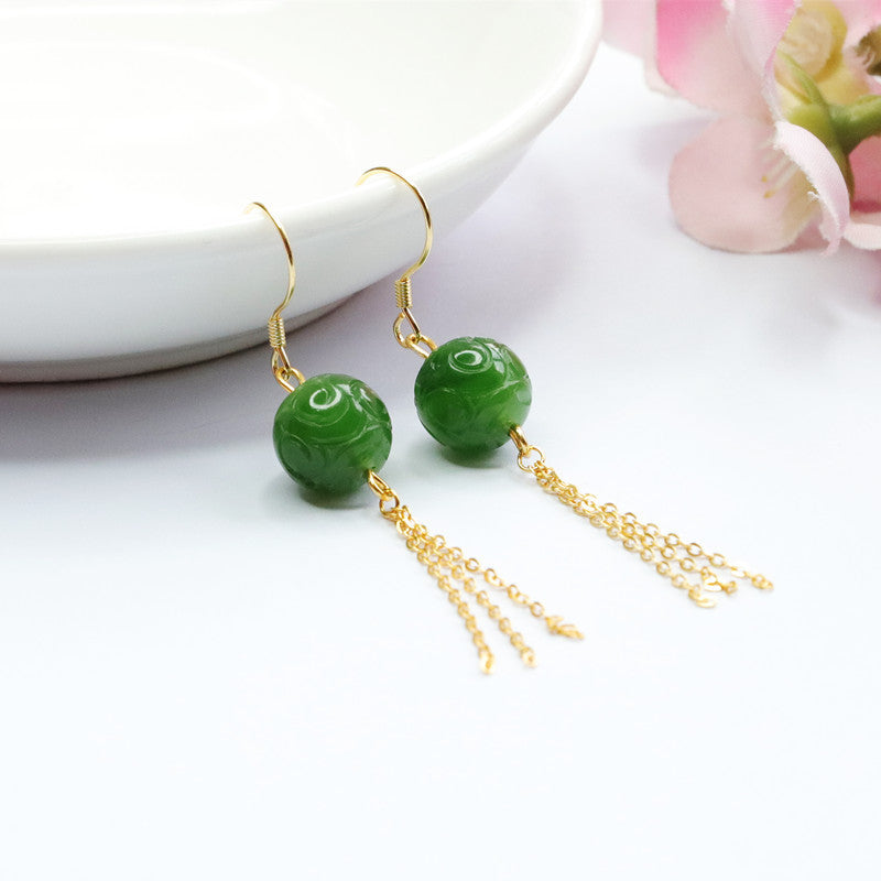 Auspicious Cloudscape Sterling Silver Jade Earrings with Green Tassel