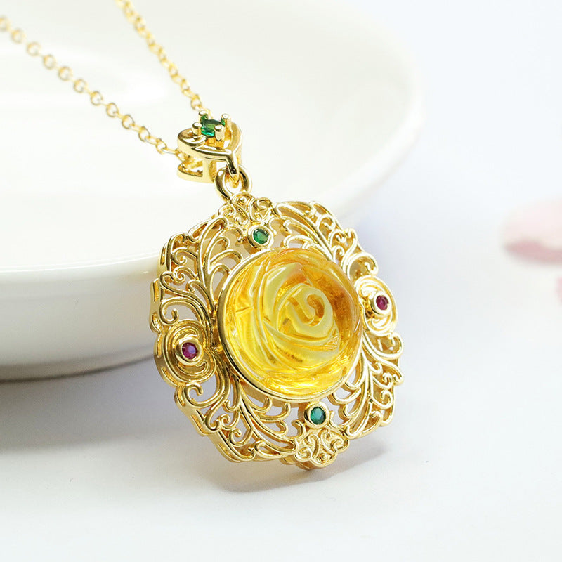 Elegant Rose Amber Zircon Pendant in Sterling Silver - Women's Jewelry