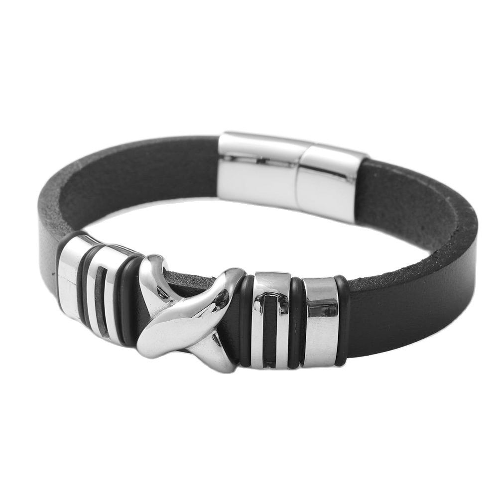 Titanium Steel Hollow X-Shaped Punk Leather Bracelet for Men - Woven Skull Design