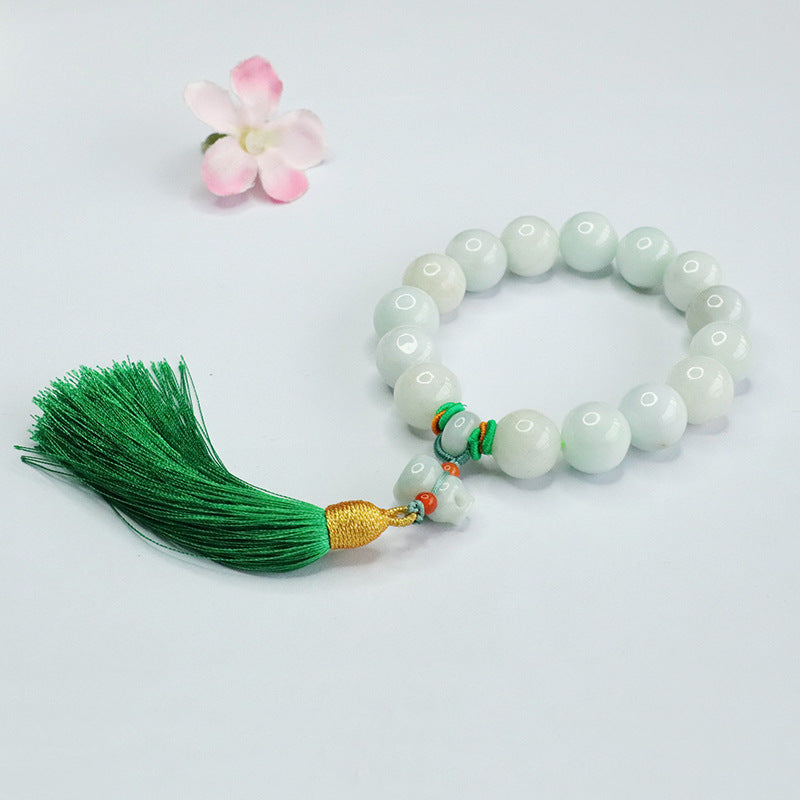 Ethnic Wind Sterling Silver Bracelet with Natural Burmese Jade and Gourd Tassel