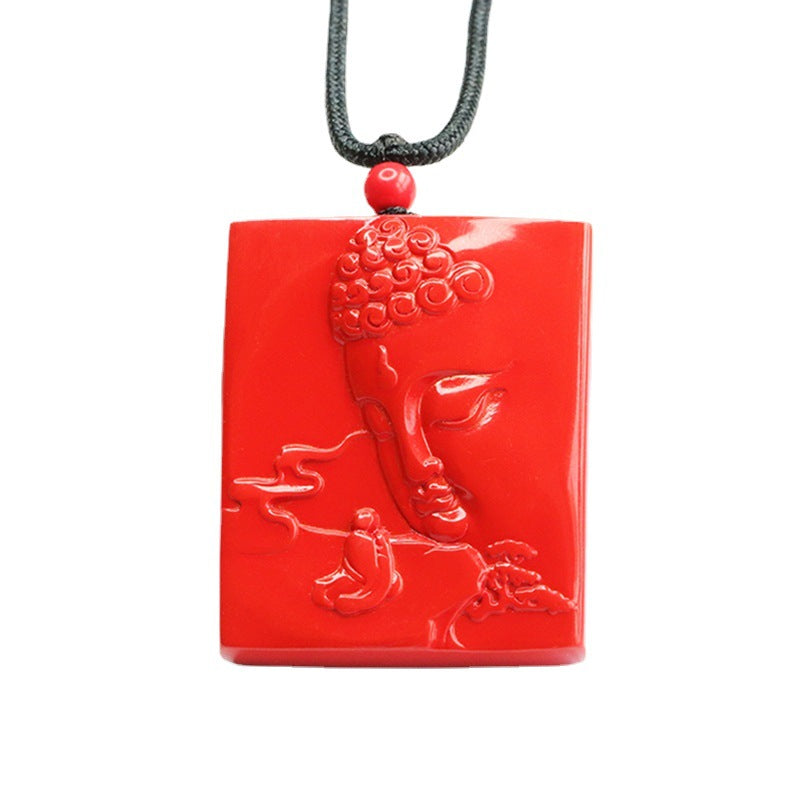 Cinnabar Lotus and Buddha Sterling Silver Pendant with Double Carvings