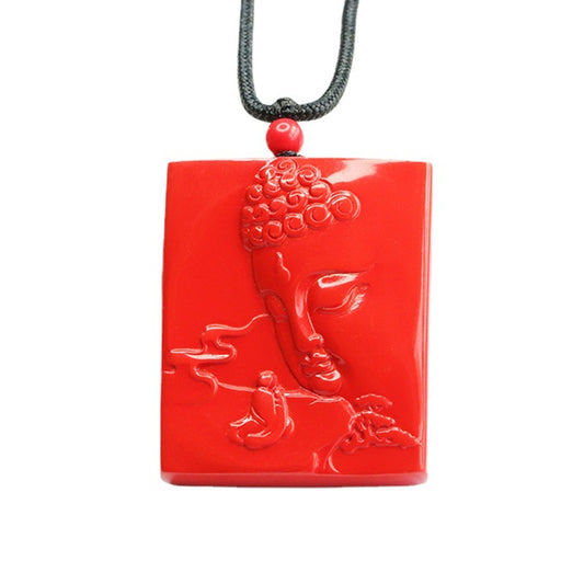 Cinnabar Lotus and Buddha Sterling Silver Pendant with Double Carvings