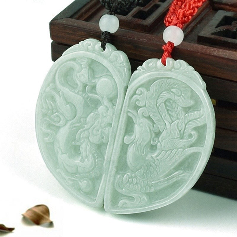 Dragon and Phoenix Jade Pendant Set - Sterling Silver Jade Jewelry