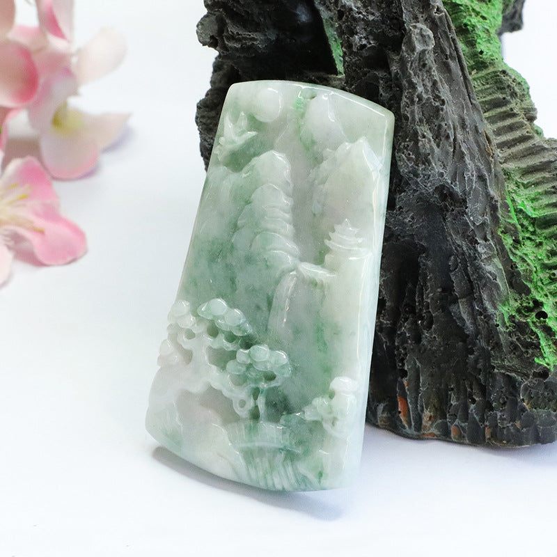 Green Landscape Jade Sterling Silver Pendant with A-grade Natural Myanmar Jadeite