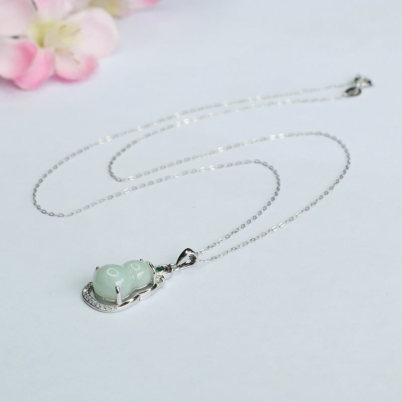 Fortune's Favor Sterling Silver Jade Gourd Pendant Necklace with Green Zircon