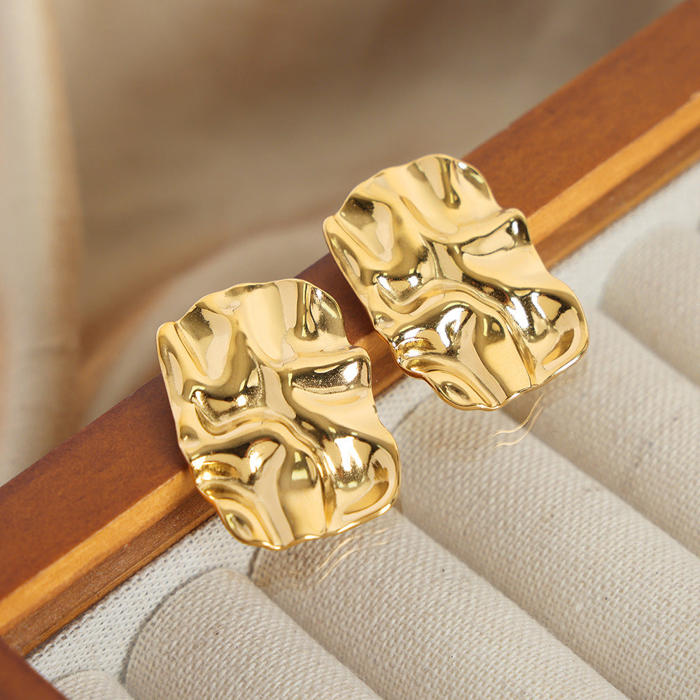 European-American Fusion Titanium Gold-Plated Square Pleated Earrings - Planderful Collection