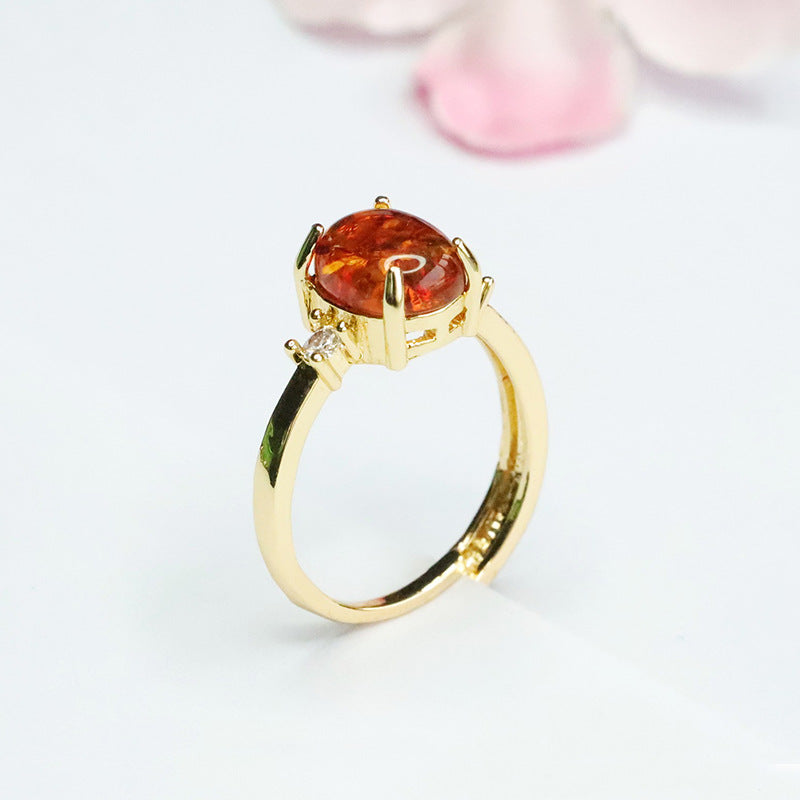 Elegant Sterling Silver Ring with Beeswax Amber Floral Detail