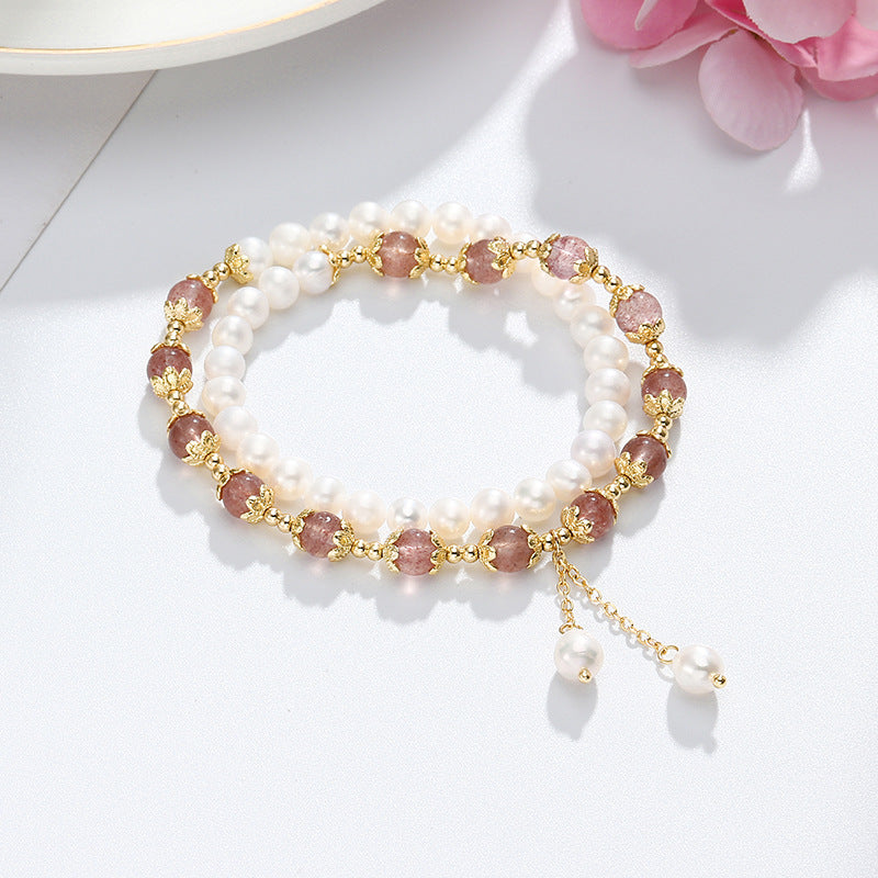 Exquisite Strawberry Crystal and Freshwater Pearl Double Stacked Bracelet