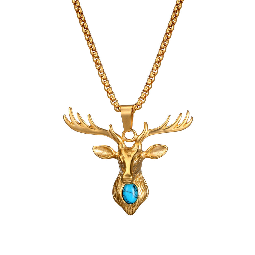 Turquoise Deer Head Pendant Necklace - Stylish Stainless Steel Accessory for Him and Her