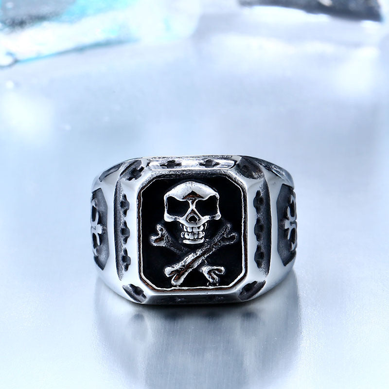 Titanium Steel Skull Ring for Men - Retro European and American Punk Style Cross Design