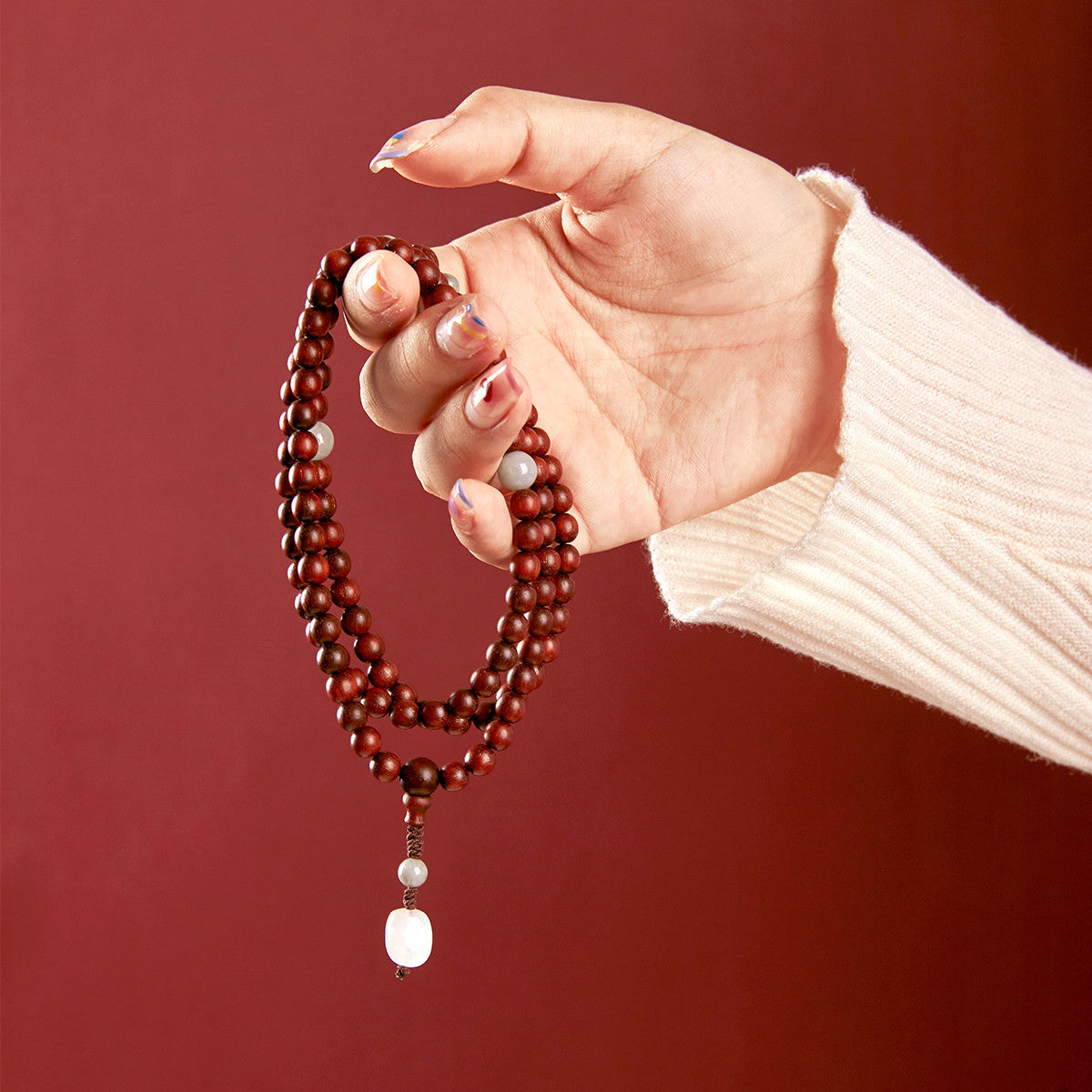 Fortune's Favor Sterling Silver Bracelet with Small Leaf Red Sandalwood and Hetian Jade Beads