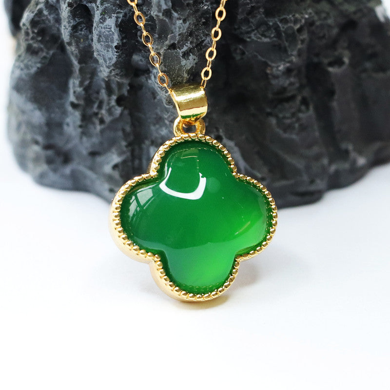 Green Chalcedony Four-leaf Clover Pendant Golden Neckalce Jewelry