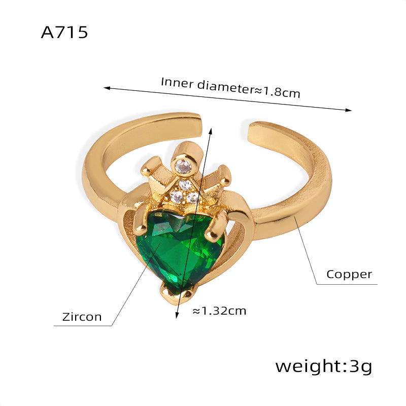 Heart-Shaped Green Zircon Crown Open Ring - Luxury Copper Jewelry