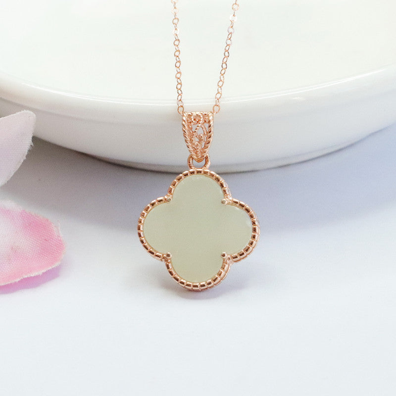 Fortune's Clover Sterling Silver Necklace with Natural Hetian Jade Accent