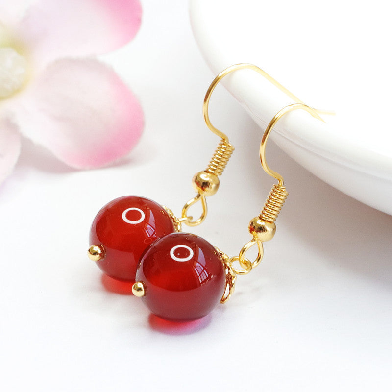 Ear Hooks with Red Agate Beads, Sterling Silver Earrings