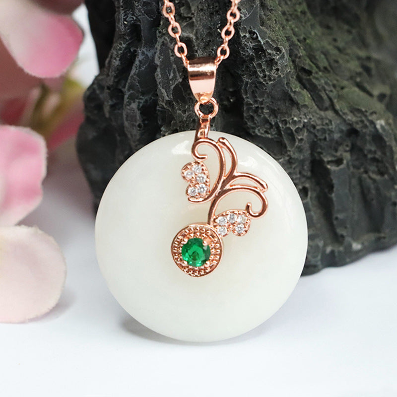 Elegant Grace and Fortune Hetian Jade Pendant Necklace with Zircon Butterfly Detail on Rose Gold Setting