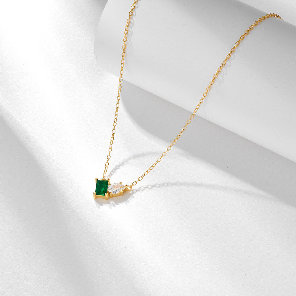 Green Rectangular Zircon and Water Drop Zircon Silver Necklace