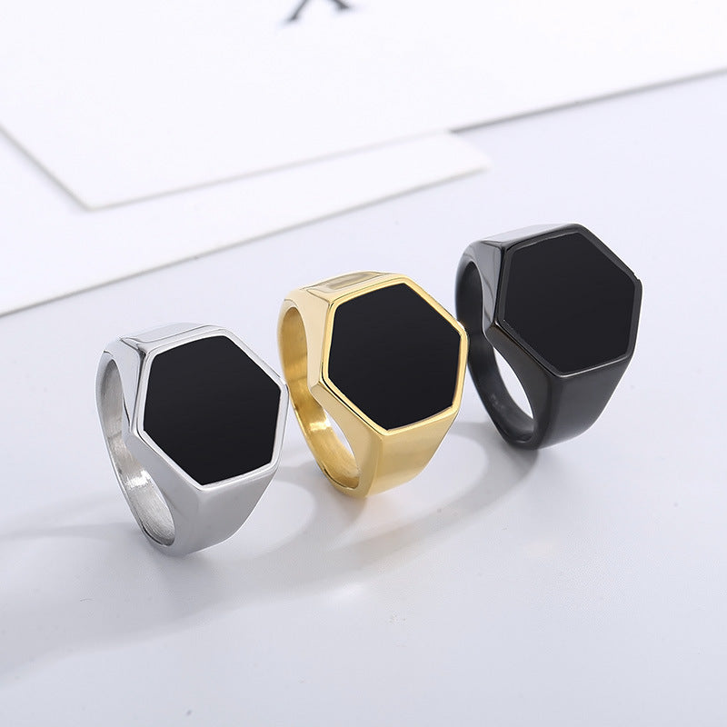 Sleek Black Hexagonal Stainless Steel Ring for Men – A Trendy Statement Piece