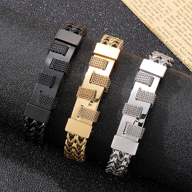 Urban Edge Men's Titanium Steel Bracelet: Curved Woven Design for Creative Street Fashion