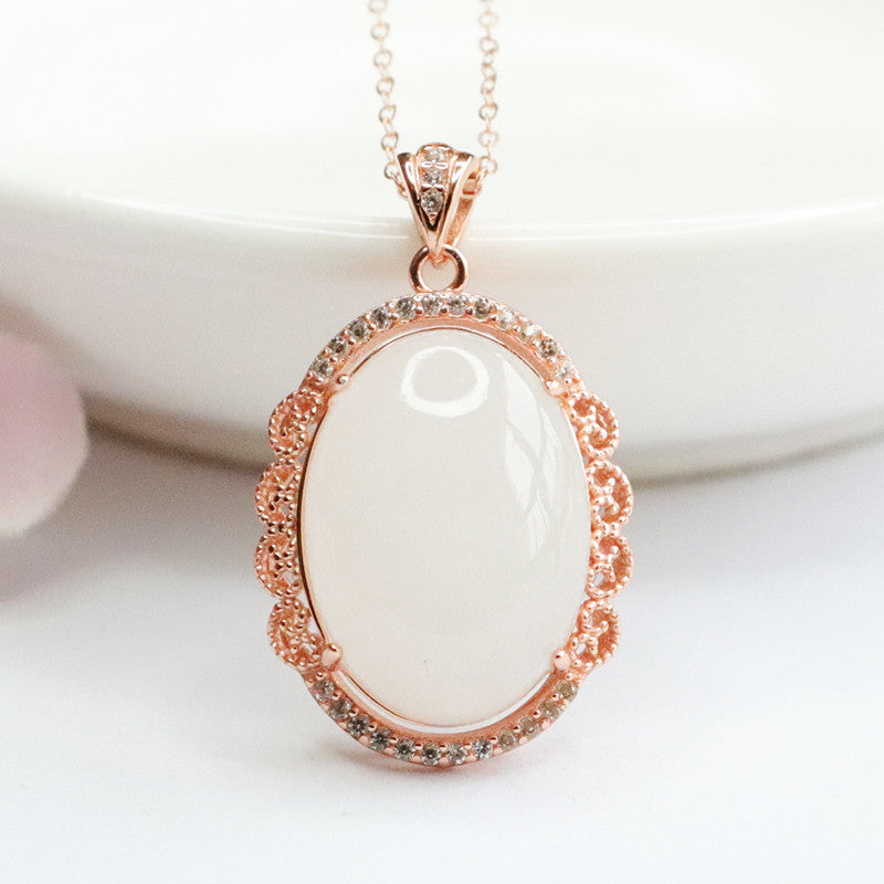 Elegant White Jade Necklace with Silver Pigeon Egg Pendant and Lace Edge