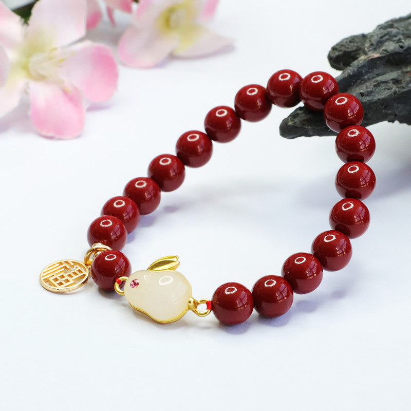 Purple Gold Sand Rabbit Jade Cinnabar Stone Bracelet - Sterling Silver