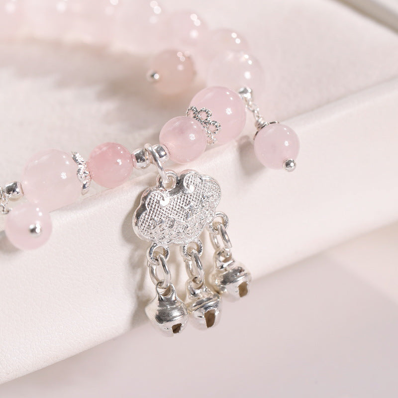 Fortune's Favor Natural Pink Crystal and White Agate Bell Bracelet