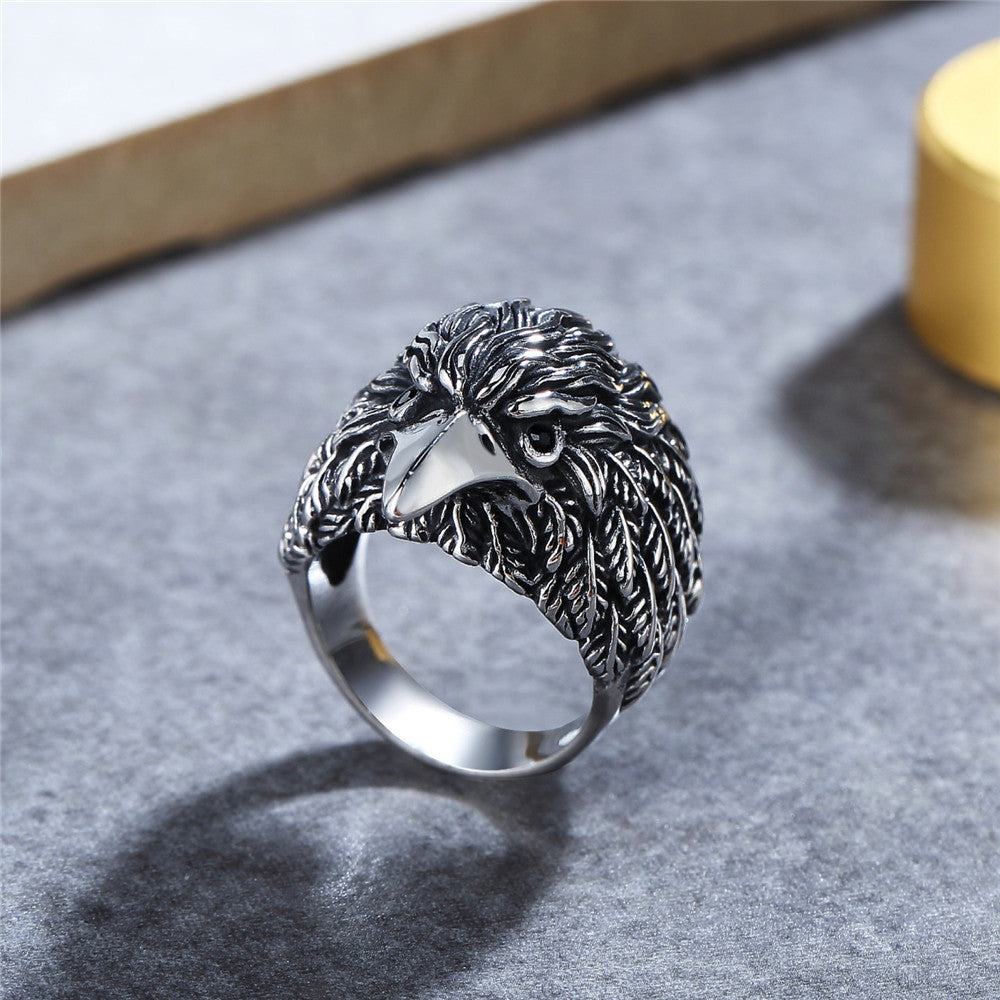 Zircon Eye Eagle Head Titanium Steel Ring for Men