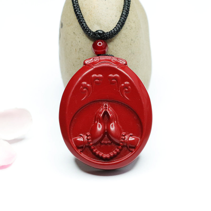 Handcrafted Cinnabar Stone Buddha Hand Pendant in Sterling Silver