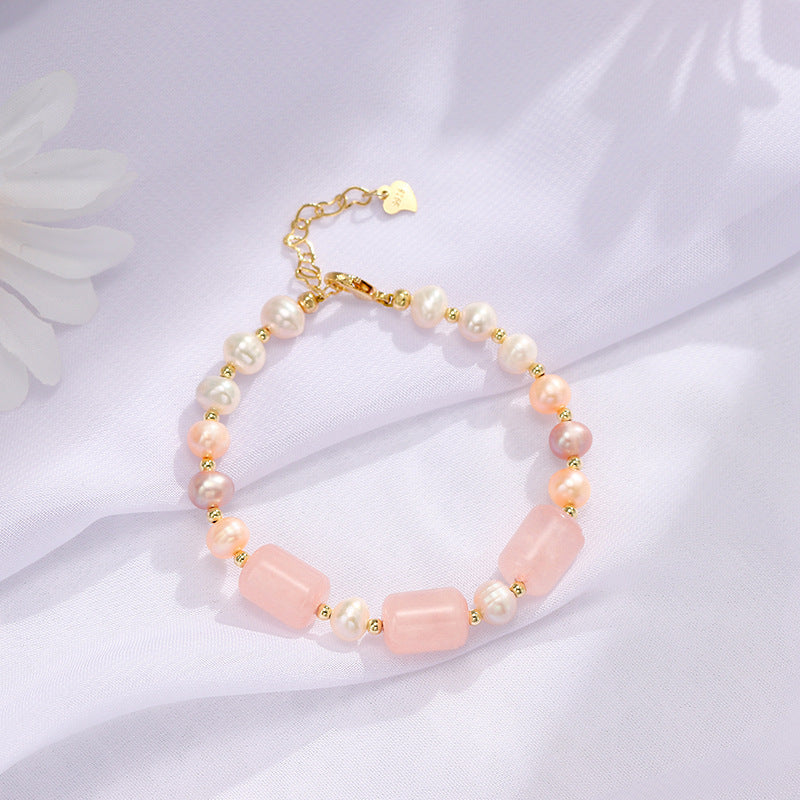 Peach Blossom Freshwater Pearl Bracelet with Gold Wrapped Crystal Barrel