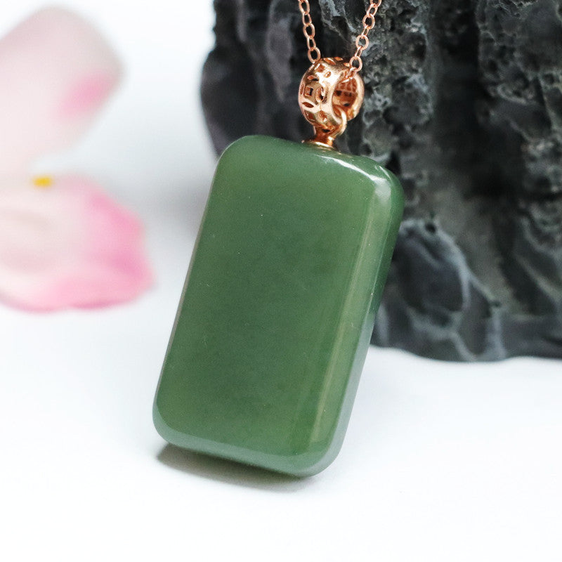 Rectangular Hetian Jade Pendant Necklace in Sterling Silver