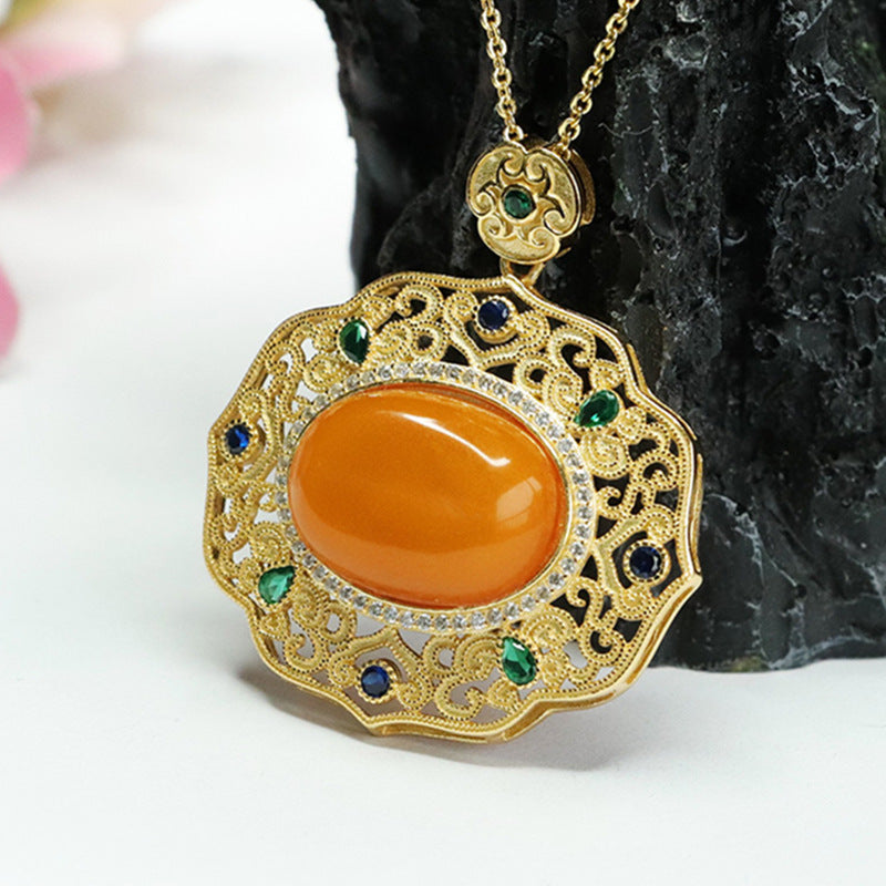 Sterling Silver Palace Style Beeswax Amber Pendant Necklace with Auspicious Cloud Design