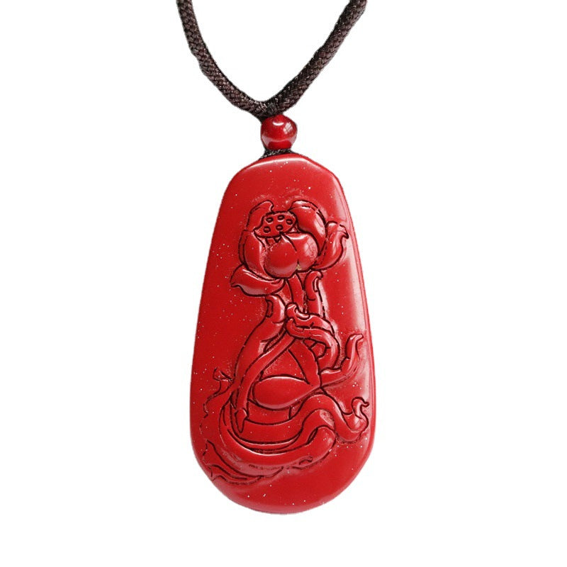 Fortune's Favor: Exquisite Cinnabar Pendant with Purple Gold Sand Lotus Buddha's Hand Design