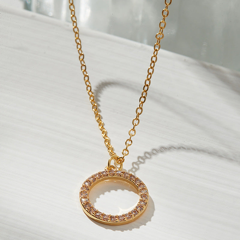 14k Gold Plated Zircon Circle Necklace for Women - European & American Style Geo Pendant