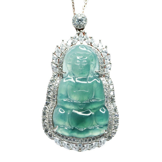 Sterling Silver Guanyin Necklace with Natural Blue Green Jade and Zircon Accents