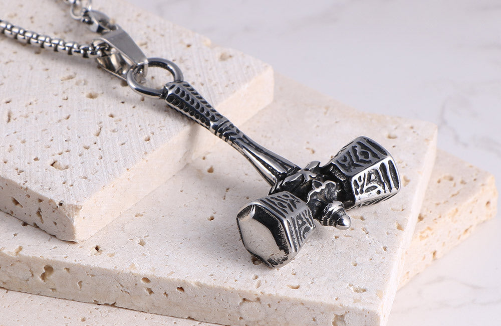 Thor War Drum Hammer Pendant - Retro Titanium Steel Necklace for Trendy Men