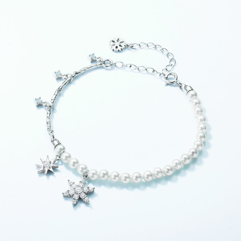 Zircon Snowflake Pearl Chain Sterling Silver Bracelet