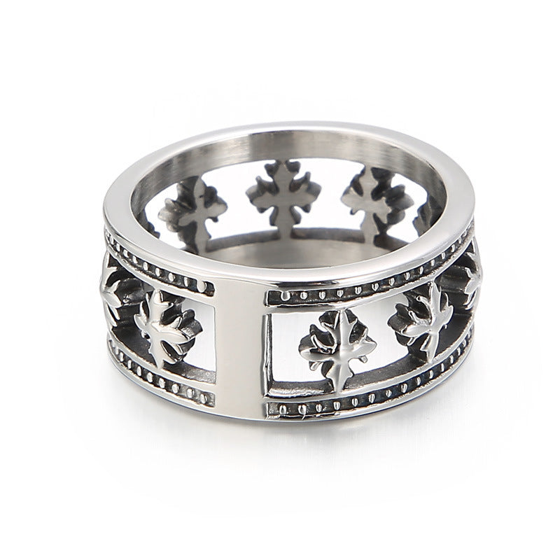 Trendy Men's Titanium Steel Ring with Hollow Cross Flower Design - European and American Style