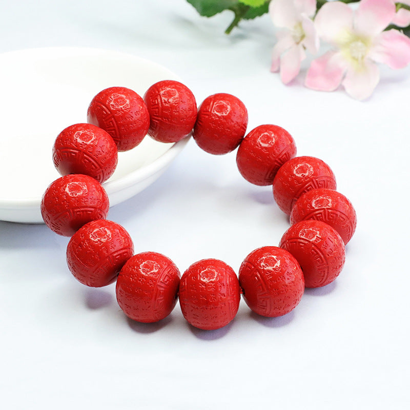 Red Sand Heart Sutra Bracelet with Sterling Silver Charm