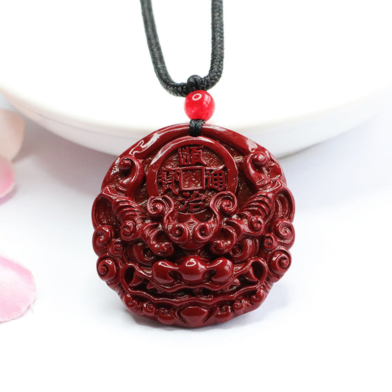 Dragon Head Five Emperor Coin Pendant with Cinnabar Stone