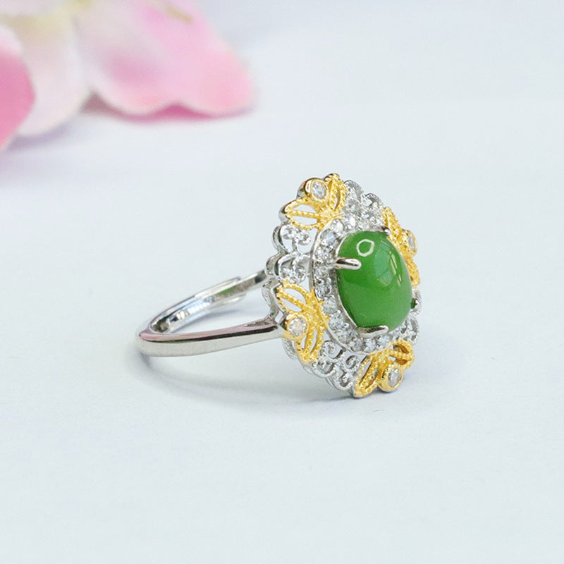 Fortune's Favor: Sterling Silver Hetian Jade Retro Ring with Jasper Gem