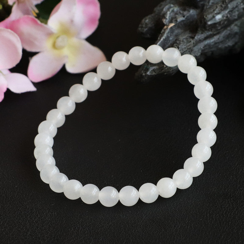 White Jade Round Beads Sterling Silver Bracelet