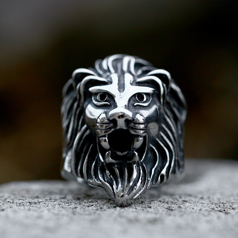 Bold Titanium Steel Lion Head Ring for Men - Exaggerated Animal Design, Sizes 7-13