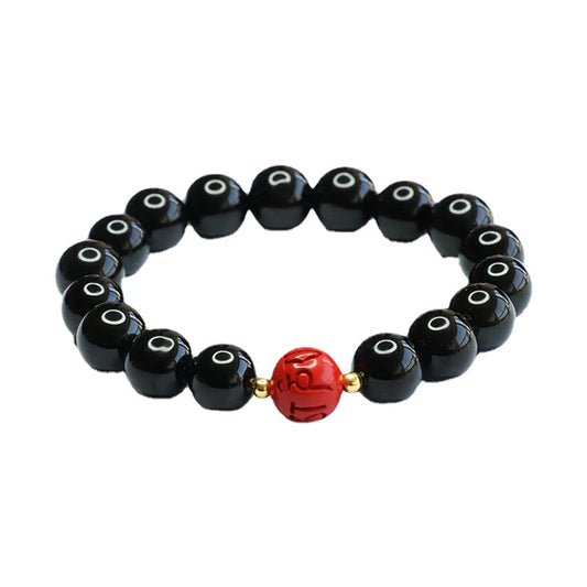 Black Agate and Cinnabar Red Sand Bead Bracelet with Six-character Proverb