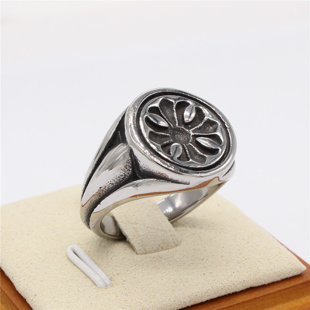 Cross Flower Round Titanium Steel Ring for Men