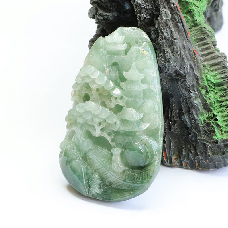 Green Landscape Jade Pendant Engraved with Full Nature Scenery