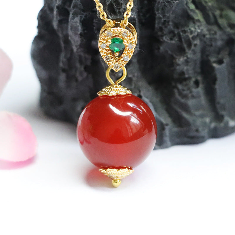 Natural Round Bead Red Agate Pendant Zircon Golden Necklace Jewelry