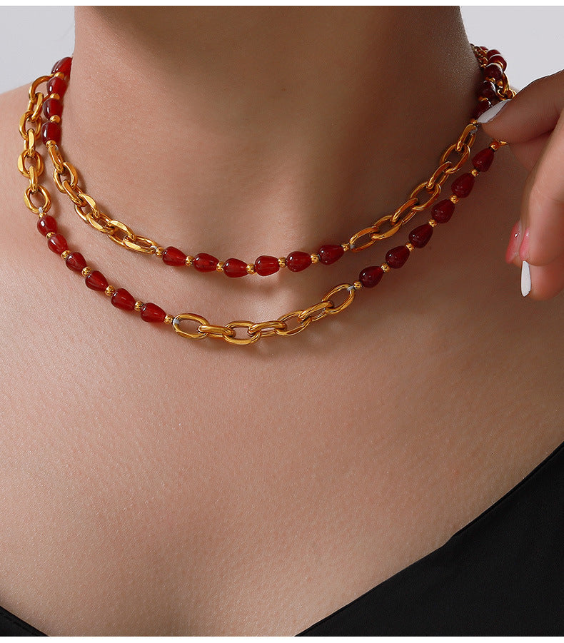 Elegant Chinese Red Agate and Garnet Jewelry Set with Titanium Steel Gold-Plating