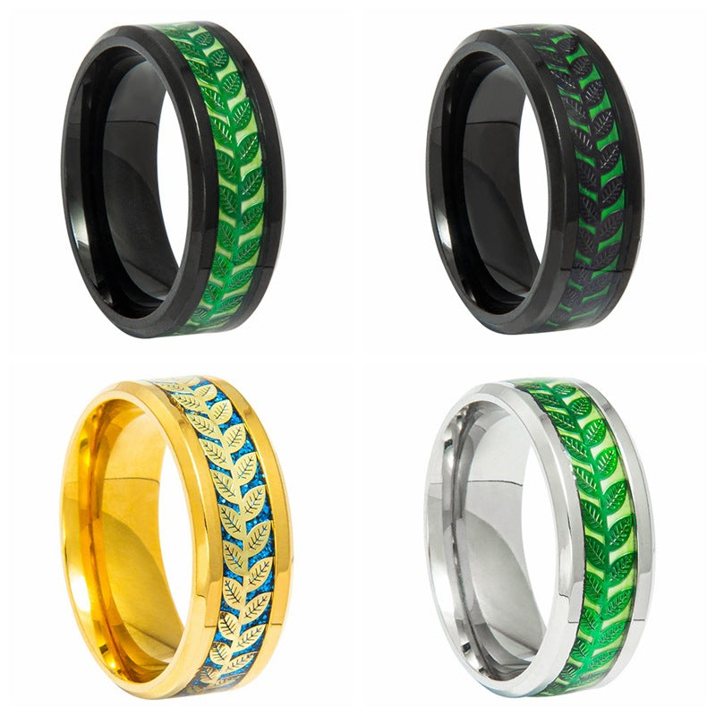 Luminous Olive Leaf Stainless Steel Bracelet and Ring Set for Men