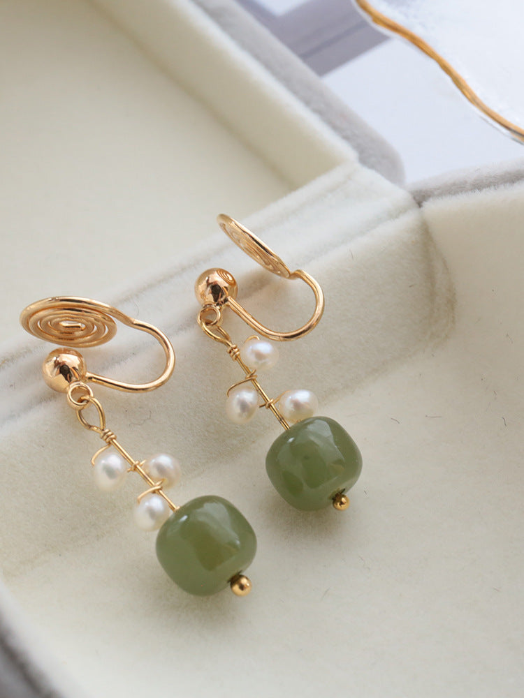 Jade and Pearl Sterling Silver Ear Clip Earrings by Planderful Collection