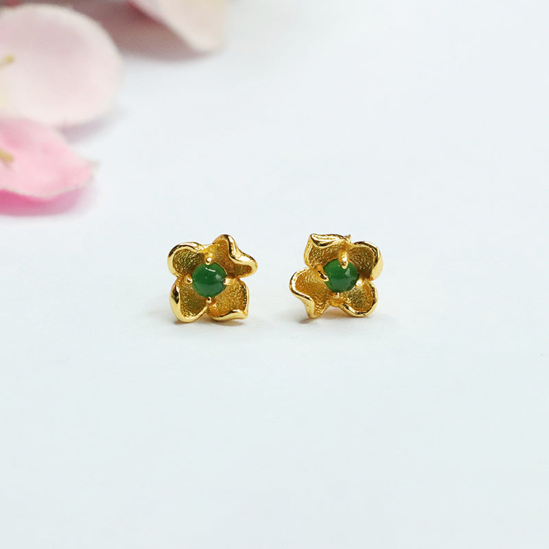 Green Jade Flower Sterling Silver Stud Earrings